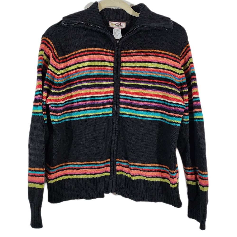 Vintage Tiara International Full Zip Sweater Ribbed Collared Women's L Cotto
